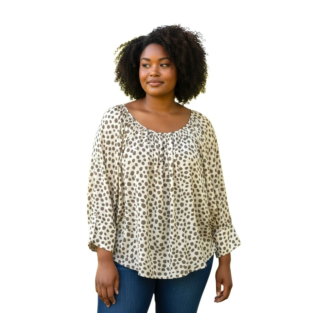 Foreign Exchange Tan Grey Animal Print Batwing Blouse Zipper‎ Cuffs SZ M Casual